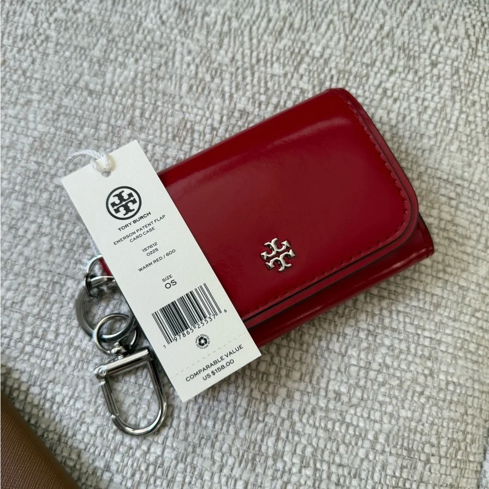 New TORY BURCH EMERSON PATENT FLAP CARD CASE WARM RED